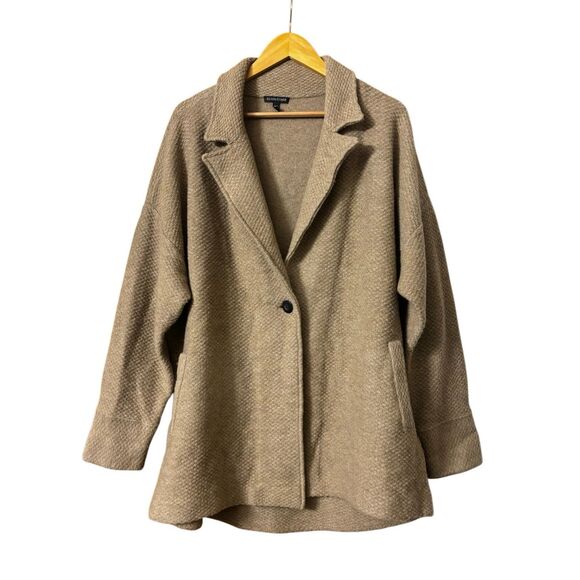Eileen fisher textured wool knit sweater jacket camel size XL pockets single but - Picture 1 of 10